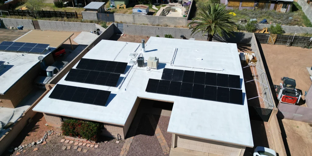 Flat roof with Solar installed by AZ Roofing company Reimagine Roofing